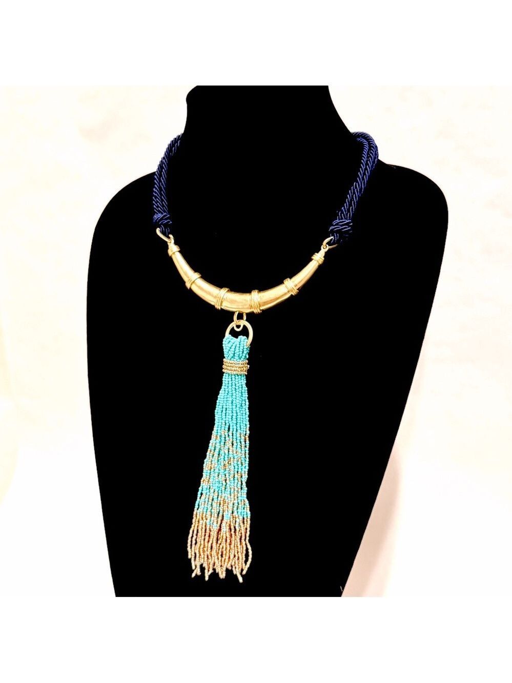 CHICO’S | Navy Rope & Aqua Beaded Tassel Golden Collar Necklace | NEW - Picture 5 of 8